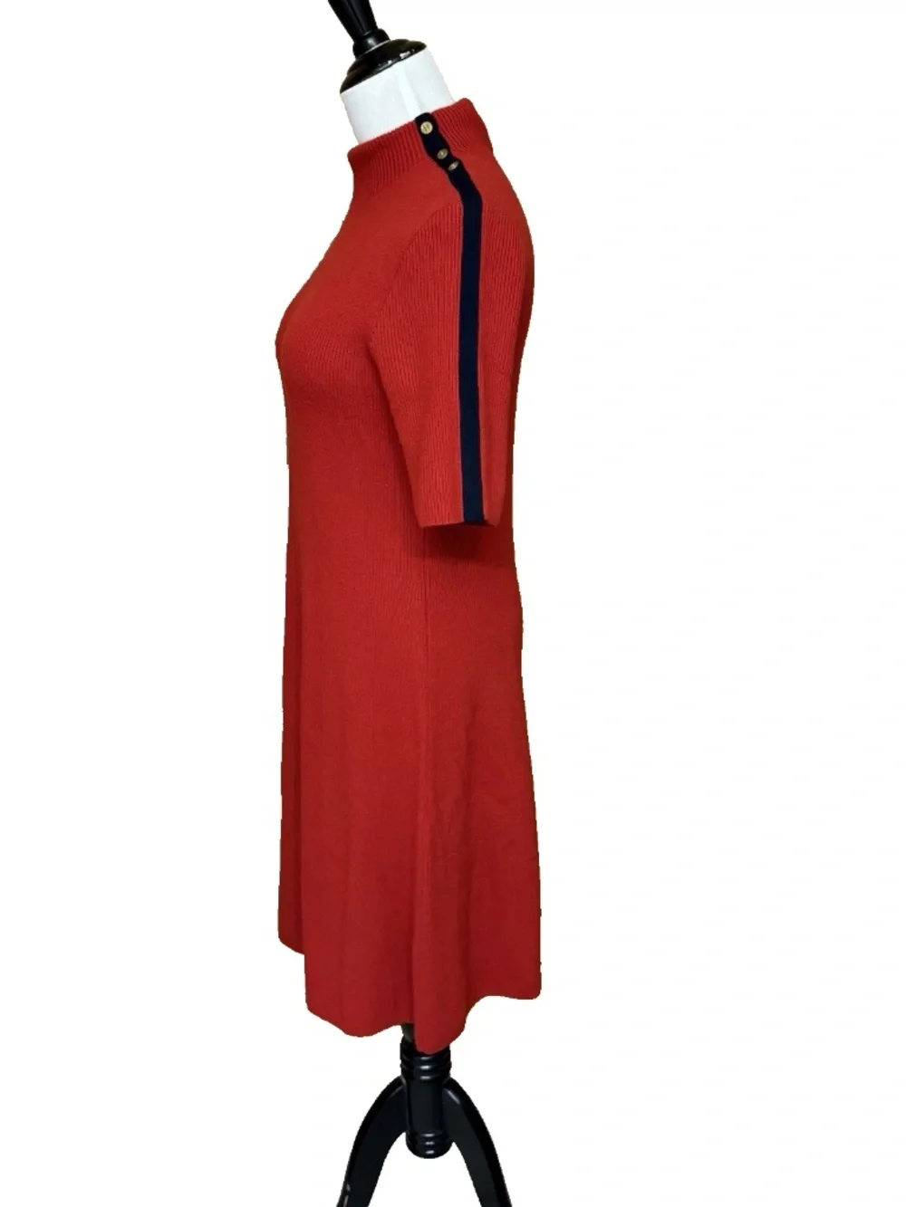 Tory Burch Sardy Red Sweater Dress Women Size L Merino Wool Stripe Mock Neck NWT